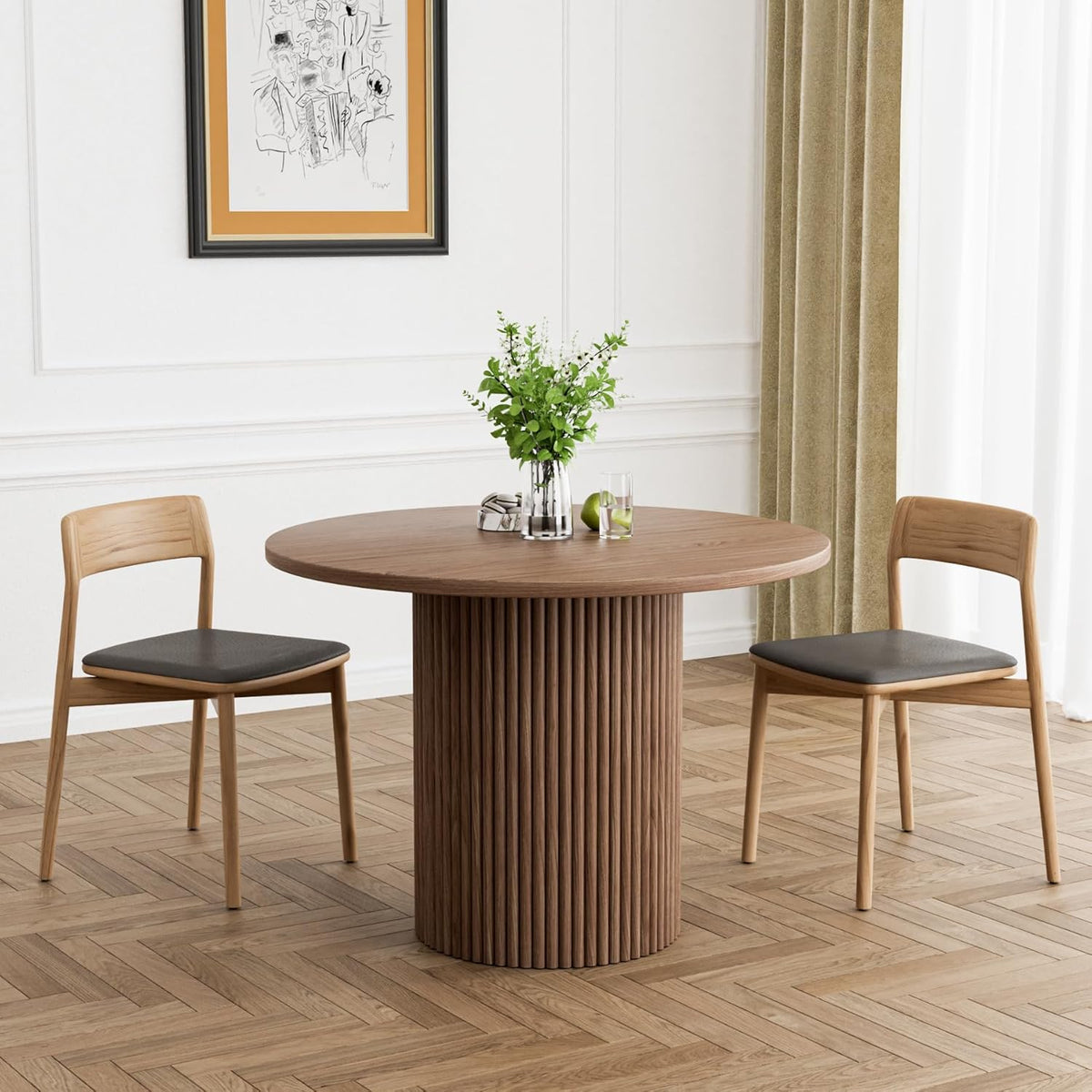 Round Dining Table, 41.7" Modern Wood Kitchen Table for 4, Pedestal Circle Dining Tables, Fluted Dining Table for Leisure, Coffee, Kitchen, Dining Room φ41.7" x 29.9"H (Walnut Color)