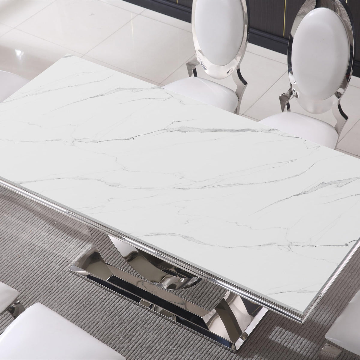 Inspired Saarinen Style White Marble Dining Table Luxury Faux Marble Kitchen Table with U-Shape Mirrored Pedestal Base, 68" Rectangular White