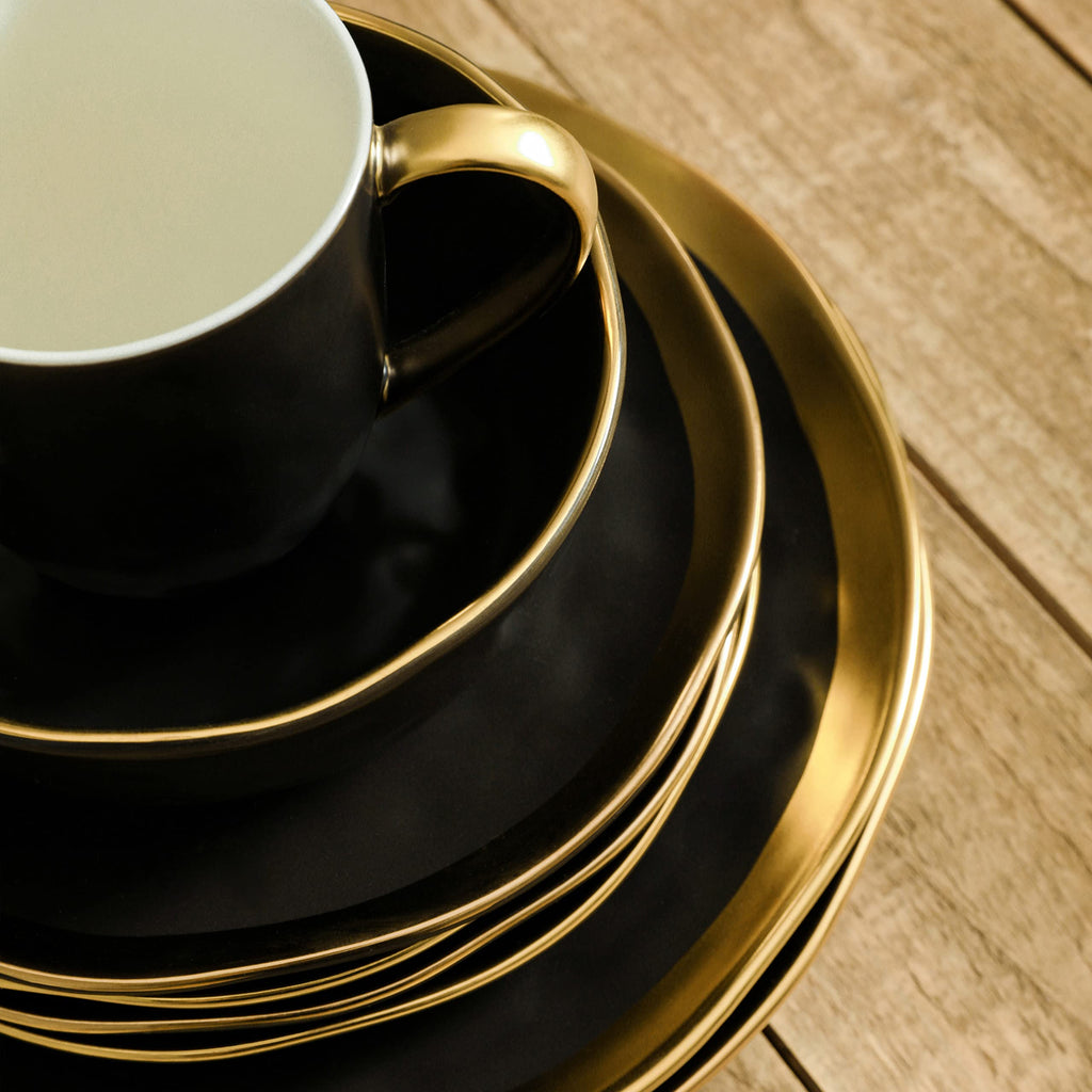 Lain Florian Modern Porcelain 16 Piece Dinnerware Set, Plates and Bowls Set, Dish set for 4, Black And Golden Rim