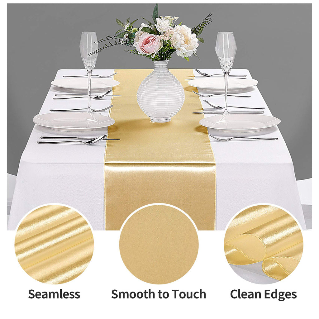 10-Pack Satin Table Runner Light Gold 12 x 108 inches Long, Table Runners for Wedding, Birthday Parties, Banquets