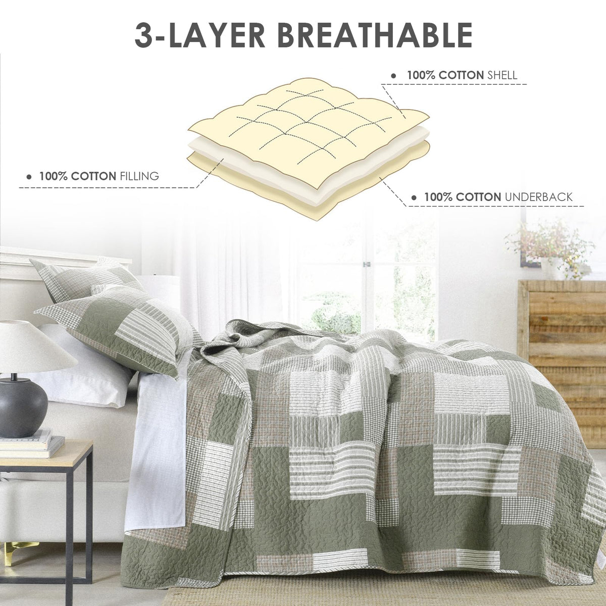 Quilt Set - 100% Cotton Farmhouse Reversible Plaid Bedding