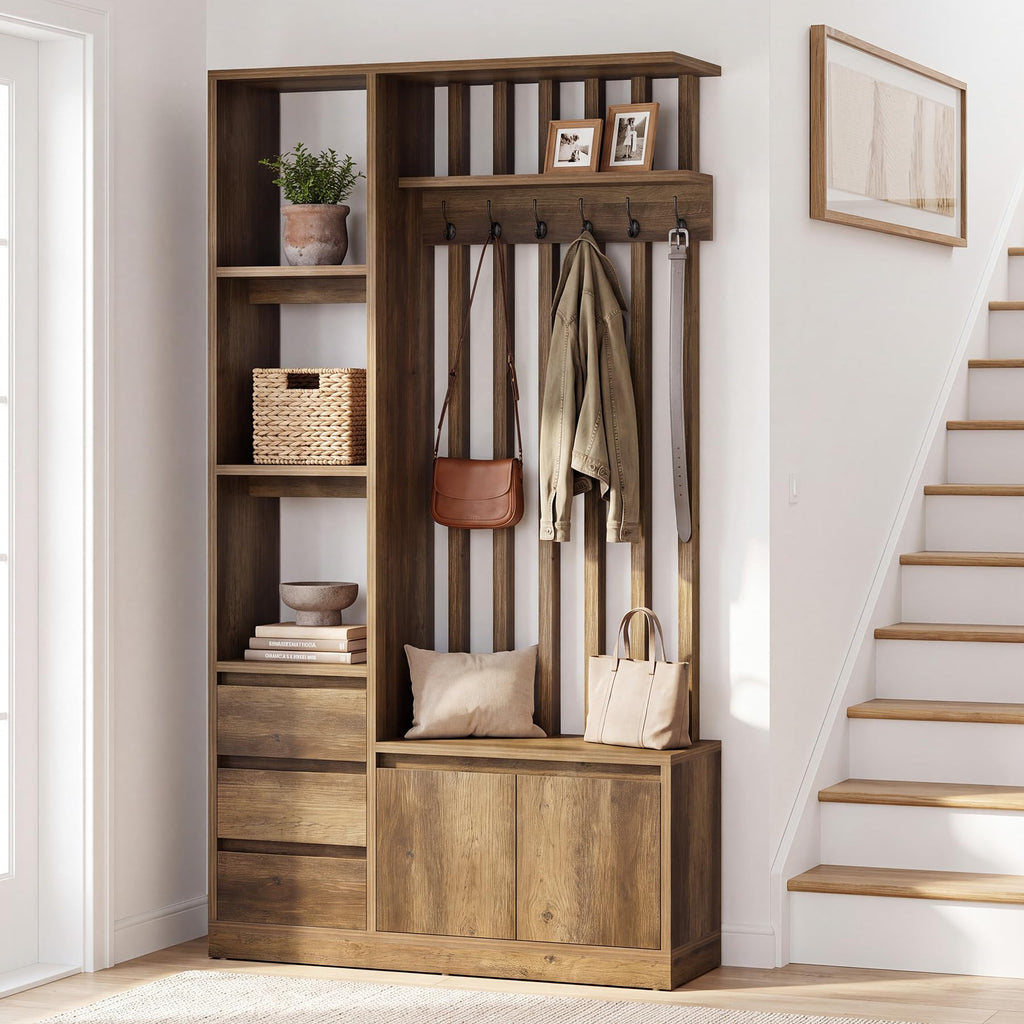 Hall Tree with Bench and Shoe Storage, Farmhouse Entryway Bench