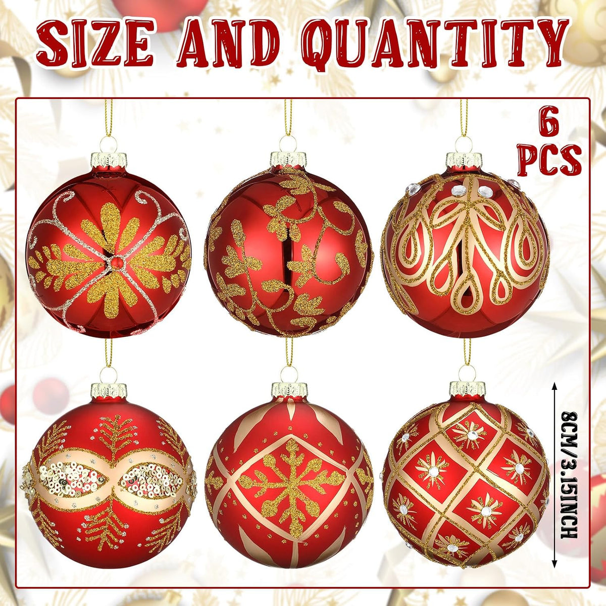 6 Pcs 3.15 in Glass Luxury Christmas Ball Red and Gold Ornaments