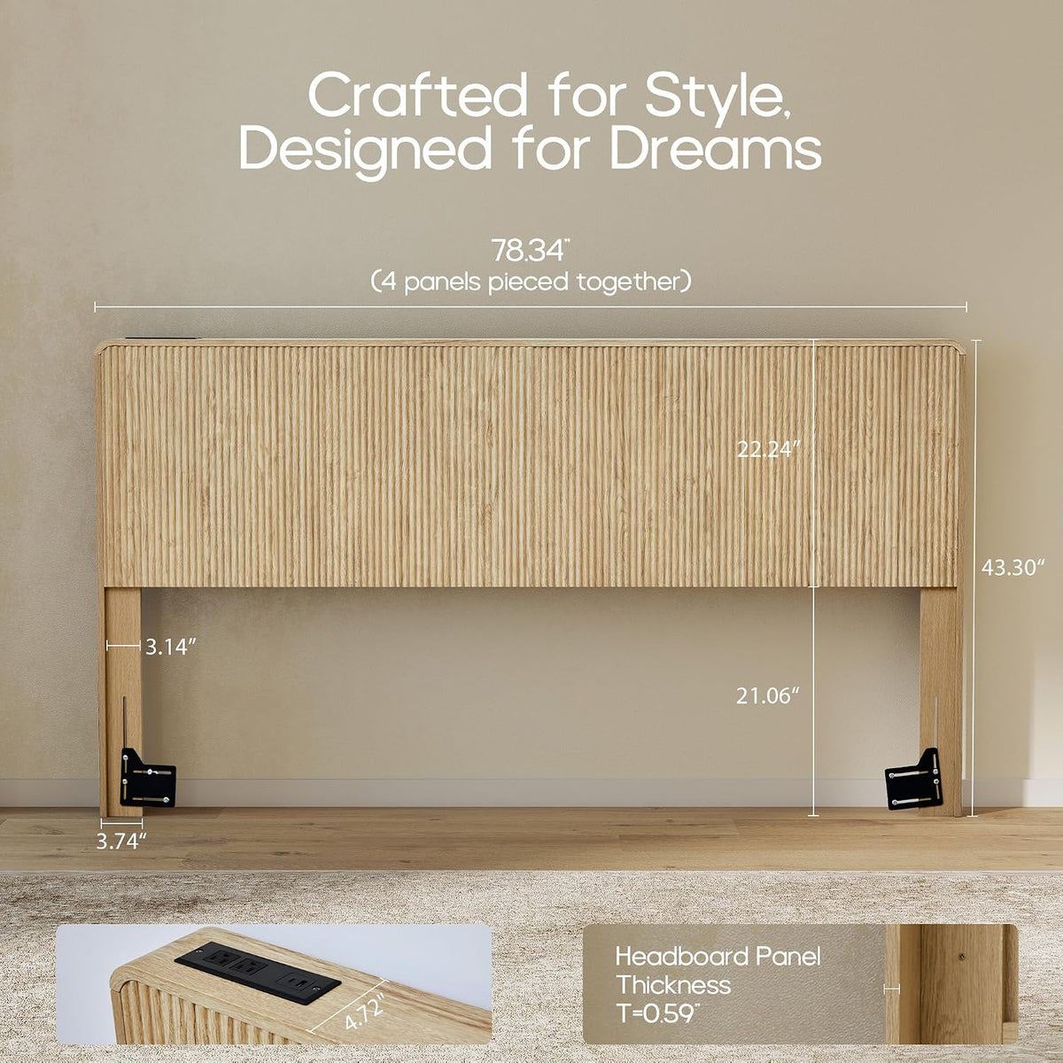 Wood Fluted Headboard King, Modern Wall Mounted Headboard King Headboard Only with 2 Outlets and USB & Type C Port