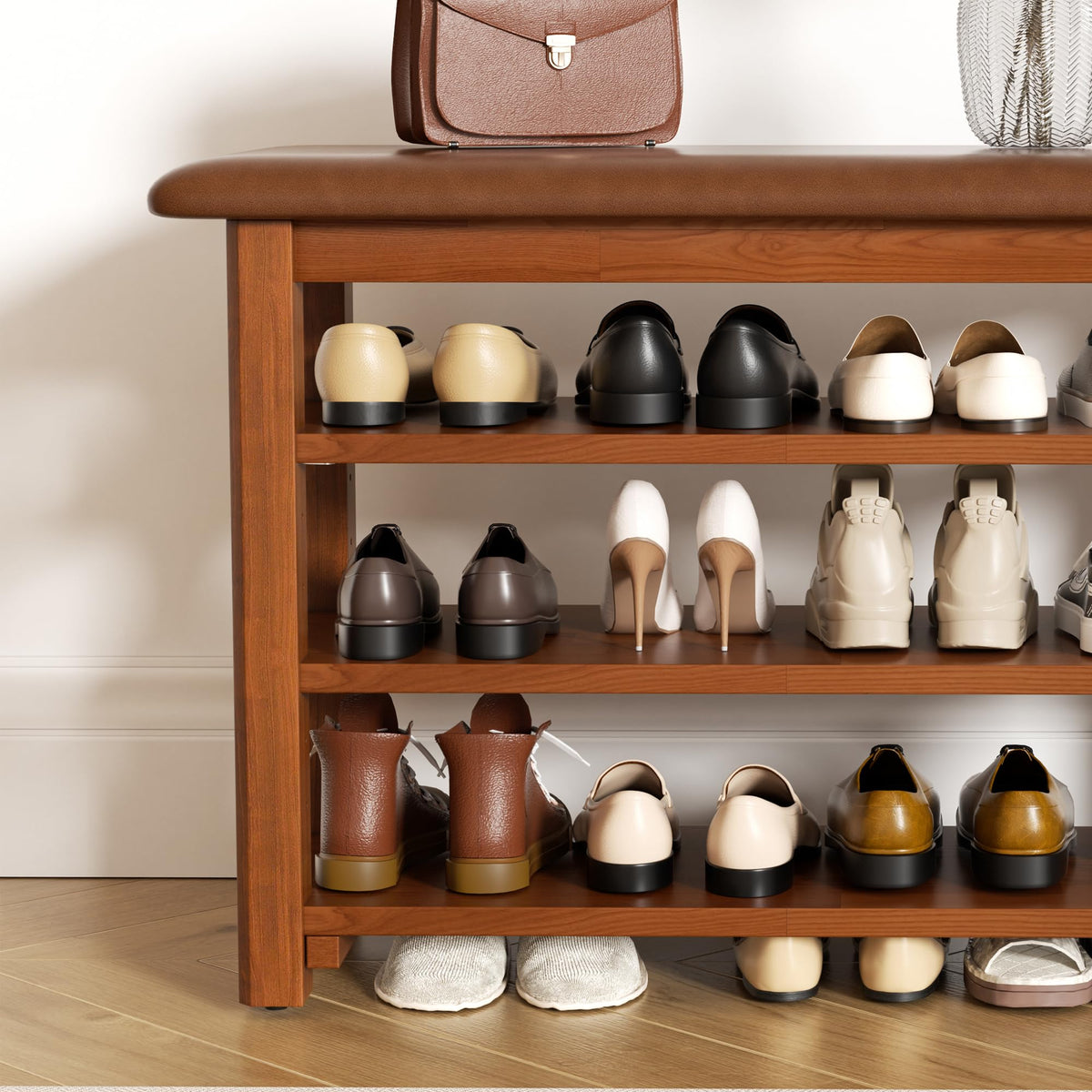 Shoe Rack Bench with Leather Cushion 3-Tier Shoe Rack Organizer Hallway or Living Room Farmhouse Rustic Wooden Seat