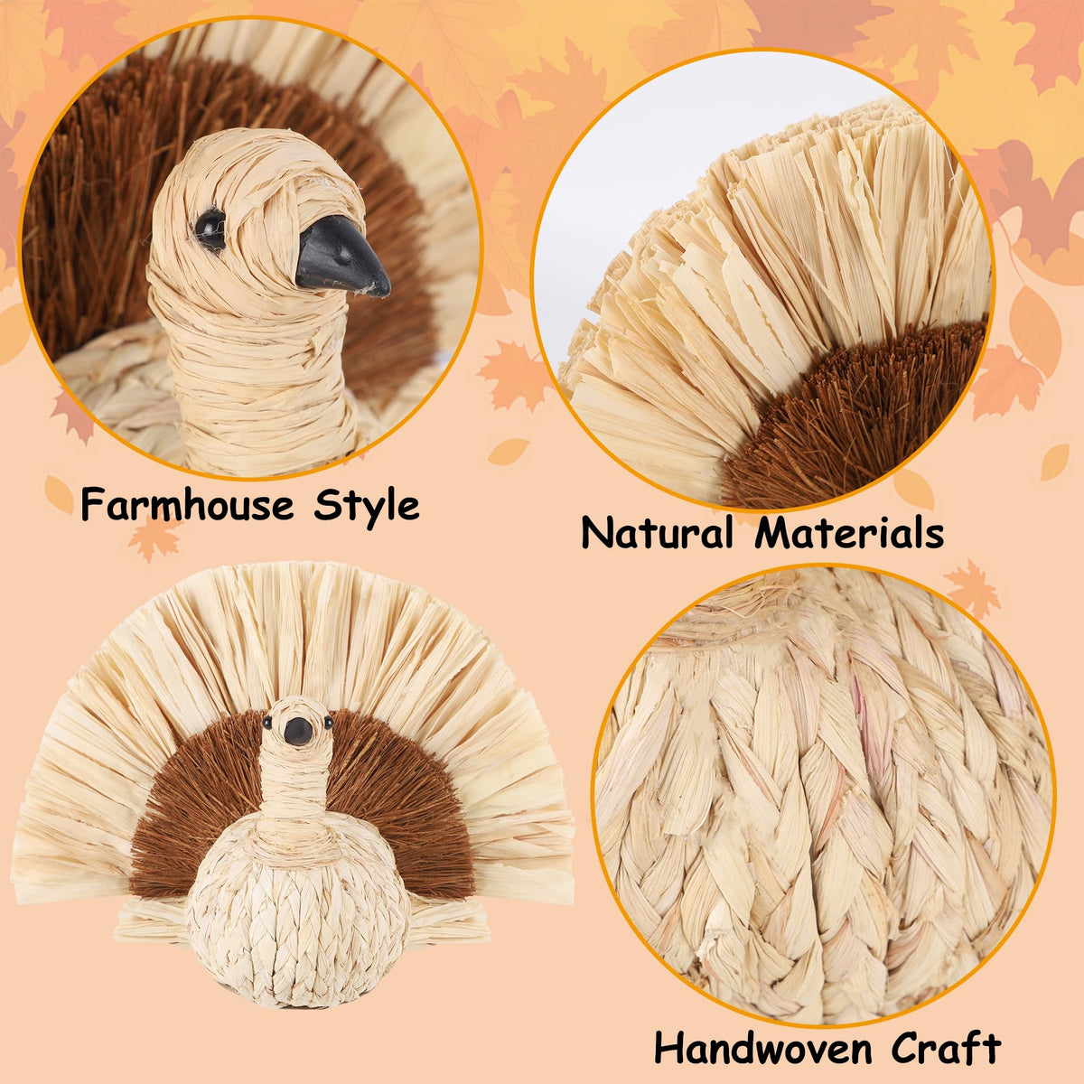 Thanksgiving Turkey Decor Straw Turkeys, 6.7" Tall