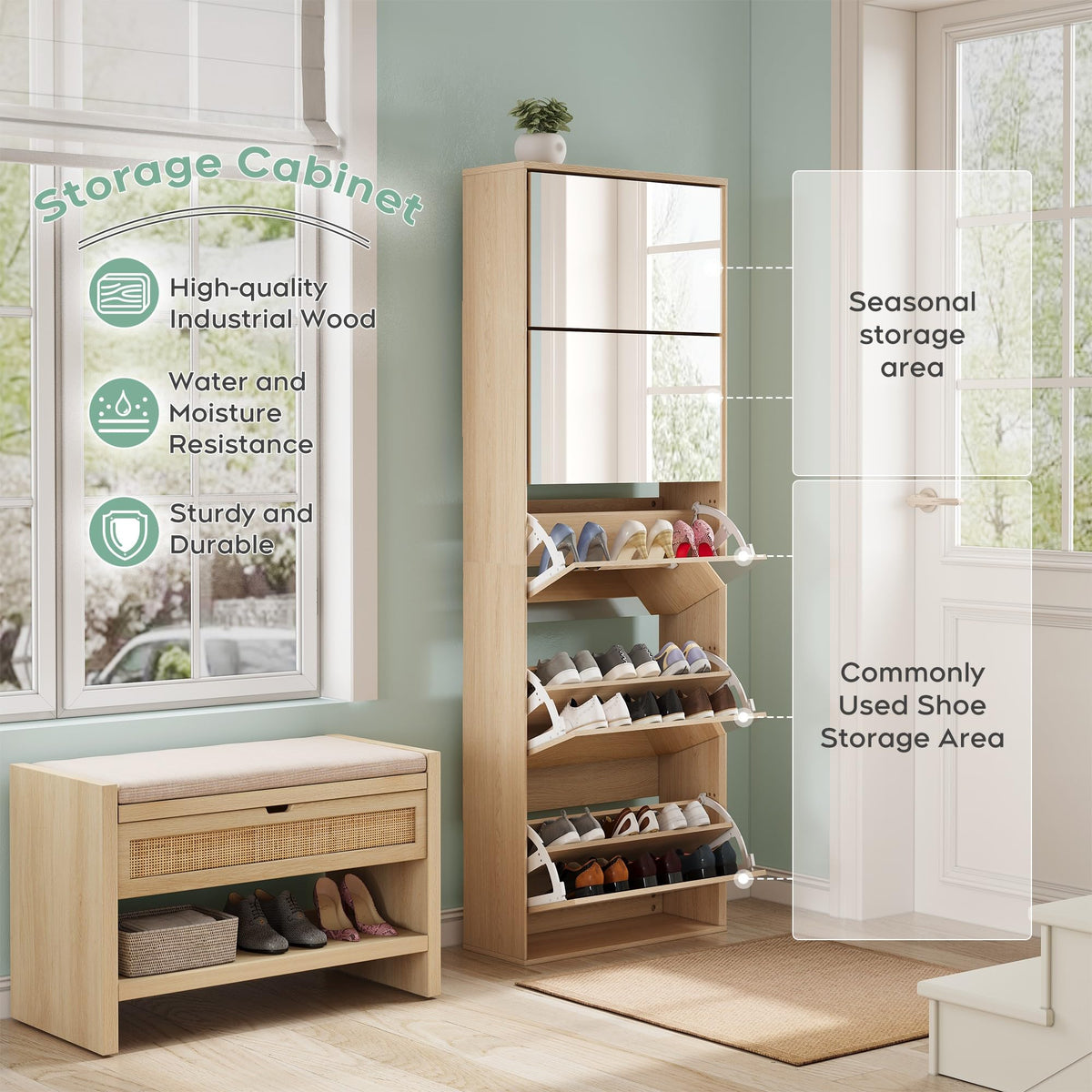 68" Tall Mirror Shoe Cabinet with 5 Flip Drawers, Mirror Silver
