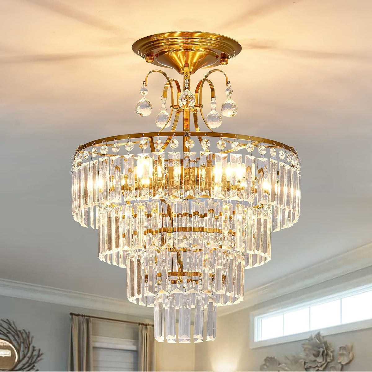 5-Light Gold Crystal Flush Mount Chandelier, Modern Fixture for Bedrooms