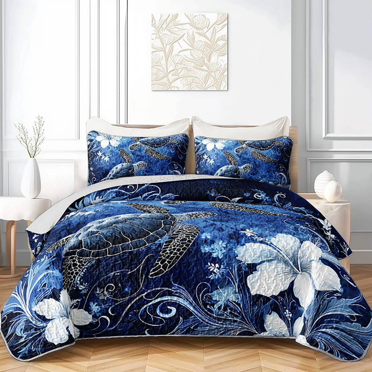 Floral Sea Turtle Quilt, Coastal Bedspread with 2 Pillowcases.