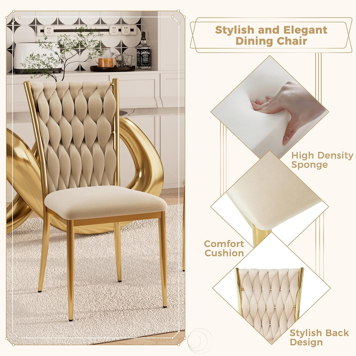 Velvet Dining Chairs Set of 4, Modern Woven Kitchen Chairs with Gold Metal Legs, Upholstered Cushion with High Back