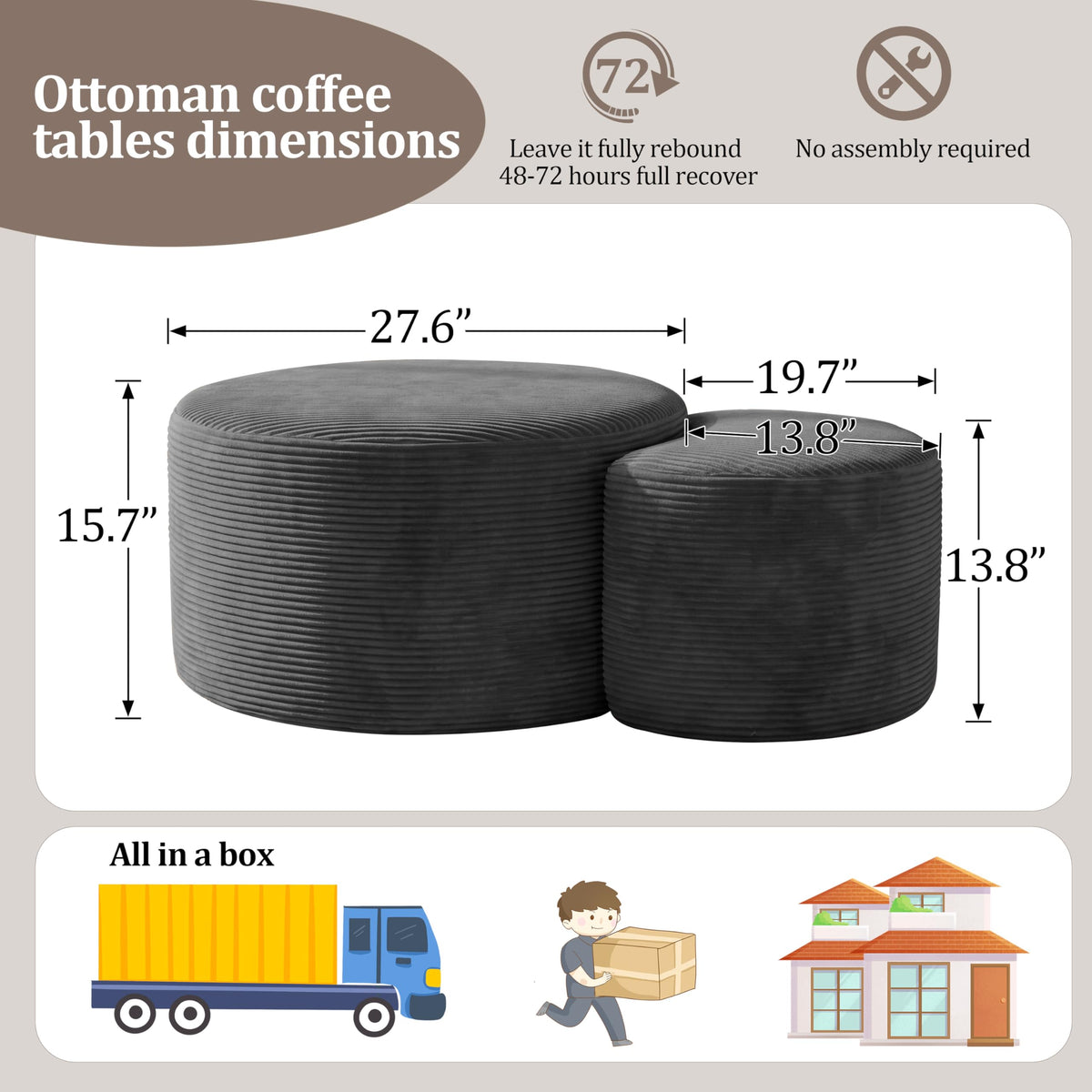 Boneless Ottoman Nesting Coffee Table Set of 2, Corduroy Soft Foot Rest Movable LargePouf Footstool Sofa Couch Bedroom