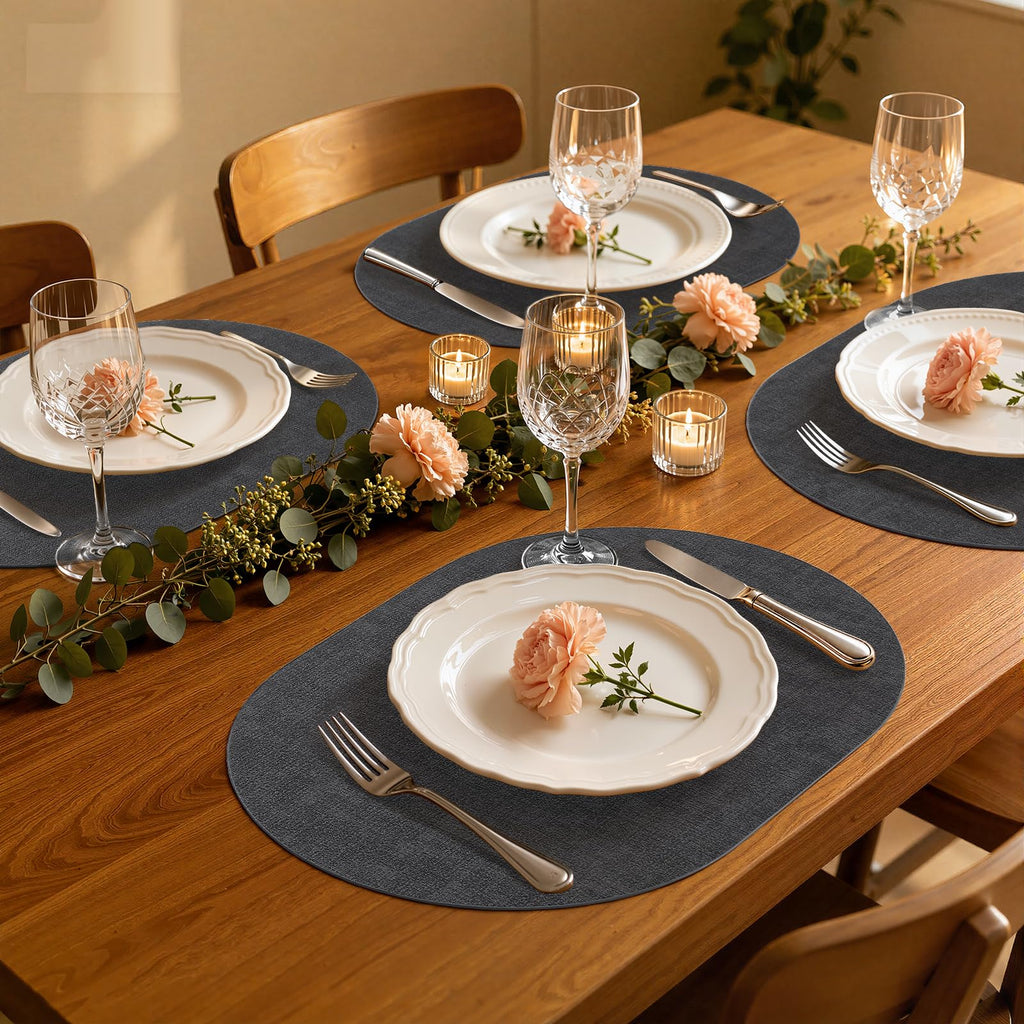 Oval Faux Leather Placemats Set of 6, Easy to Clean, Dark Grey