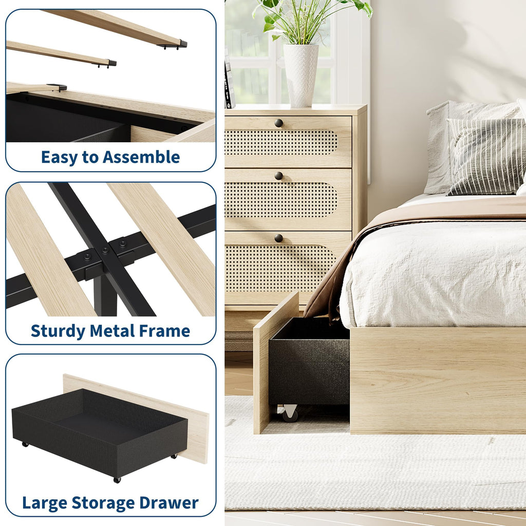 Full Bed Frame with 2 Storage Drawers, Wood Platform Bed