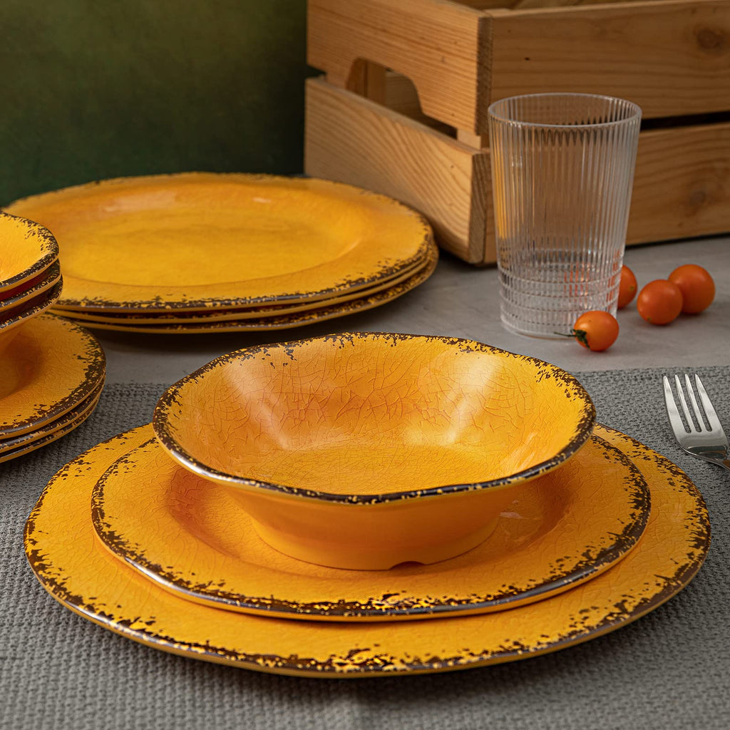 Rustic Melamine Dinnerware Sets for 4, Harvest Plates and Bowls Set