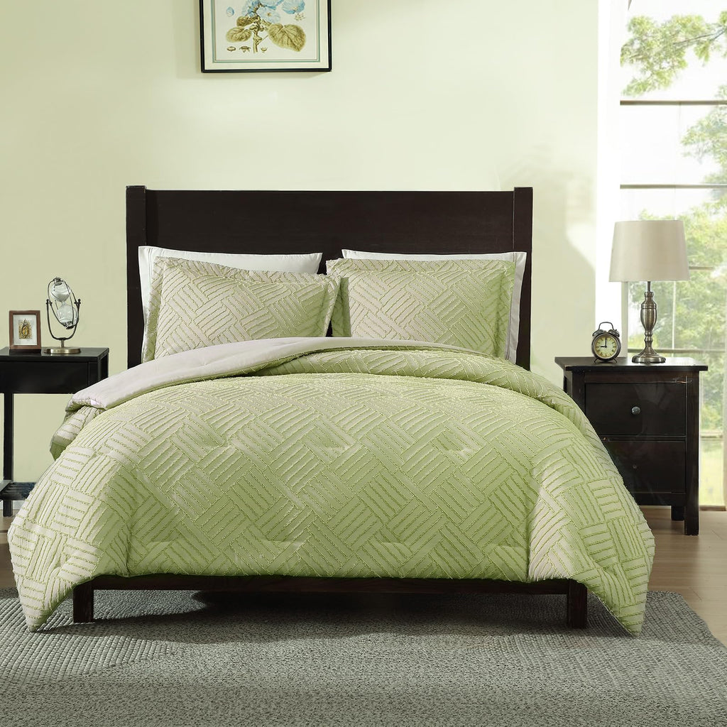 Home Comforter Set Leaf Green, 2 Pieces Clipped Jacquard Comforter Set