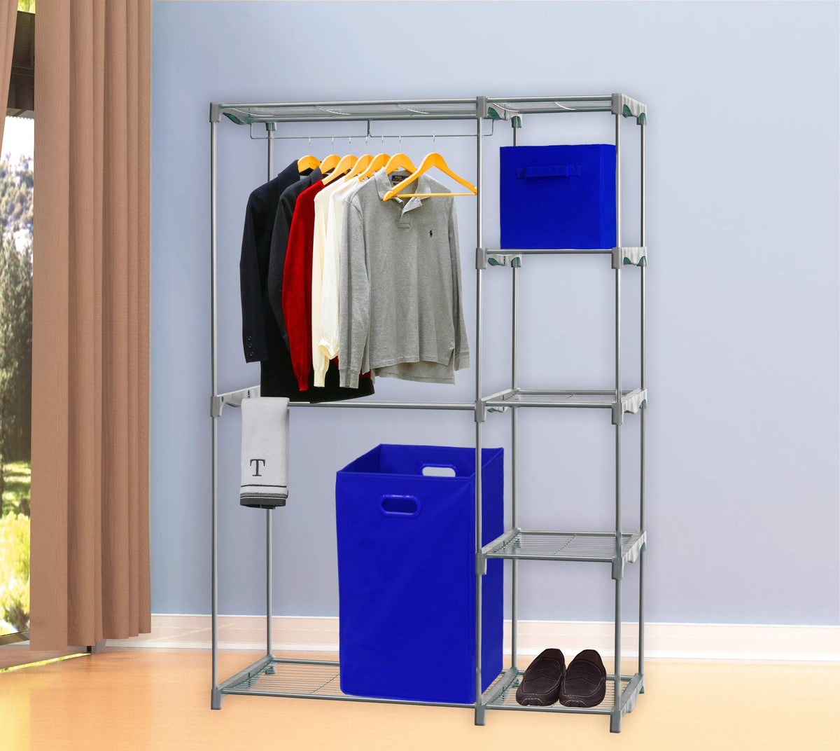 Foldable Closet Laundry Hamper Basket, Dark Blue