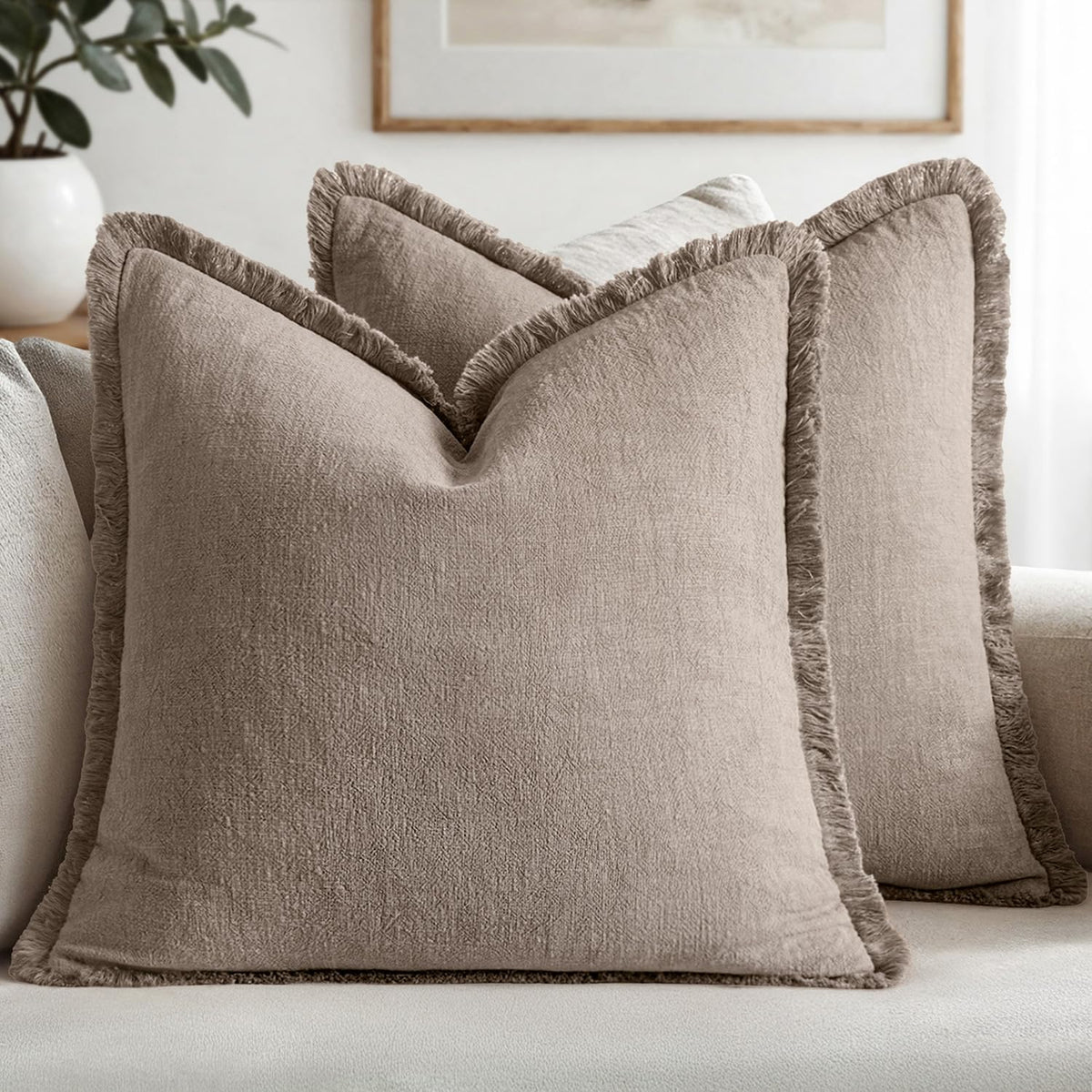 Boho Linen Fringe Decorative Fall Throw Pillow Covers Dune 18x18