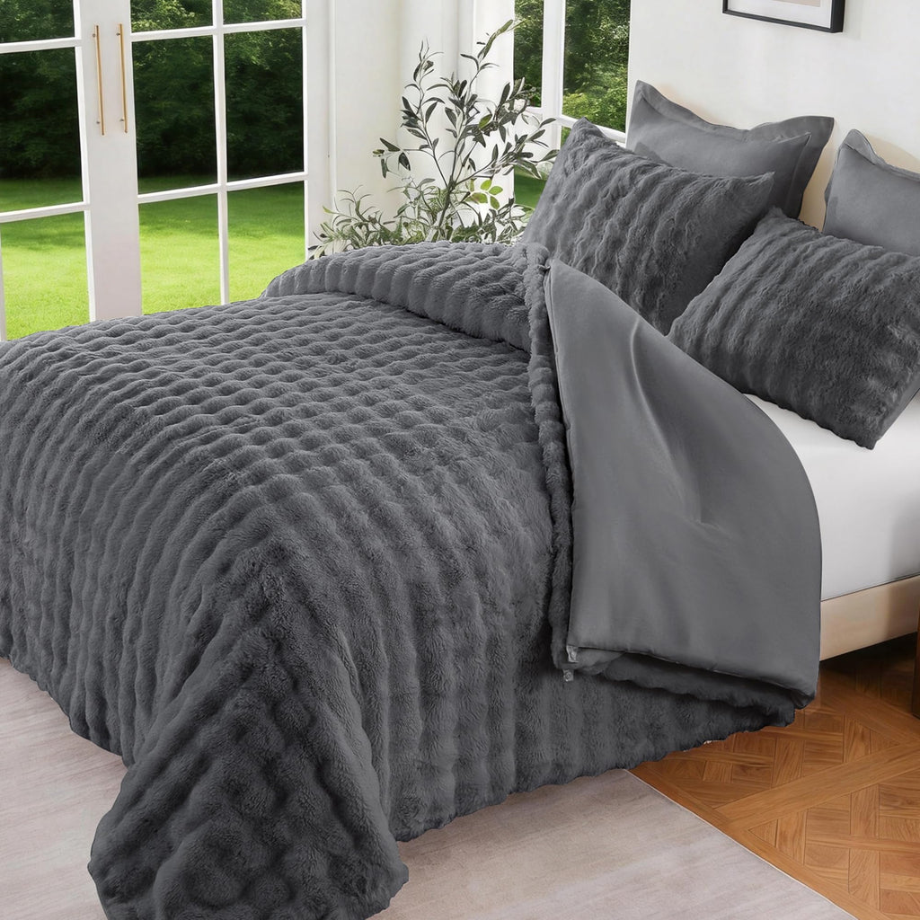 2-in-1 Faux Rabbit Fur Comforter Set, 6-Piece Grey