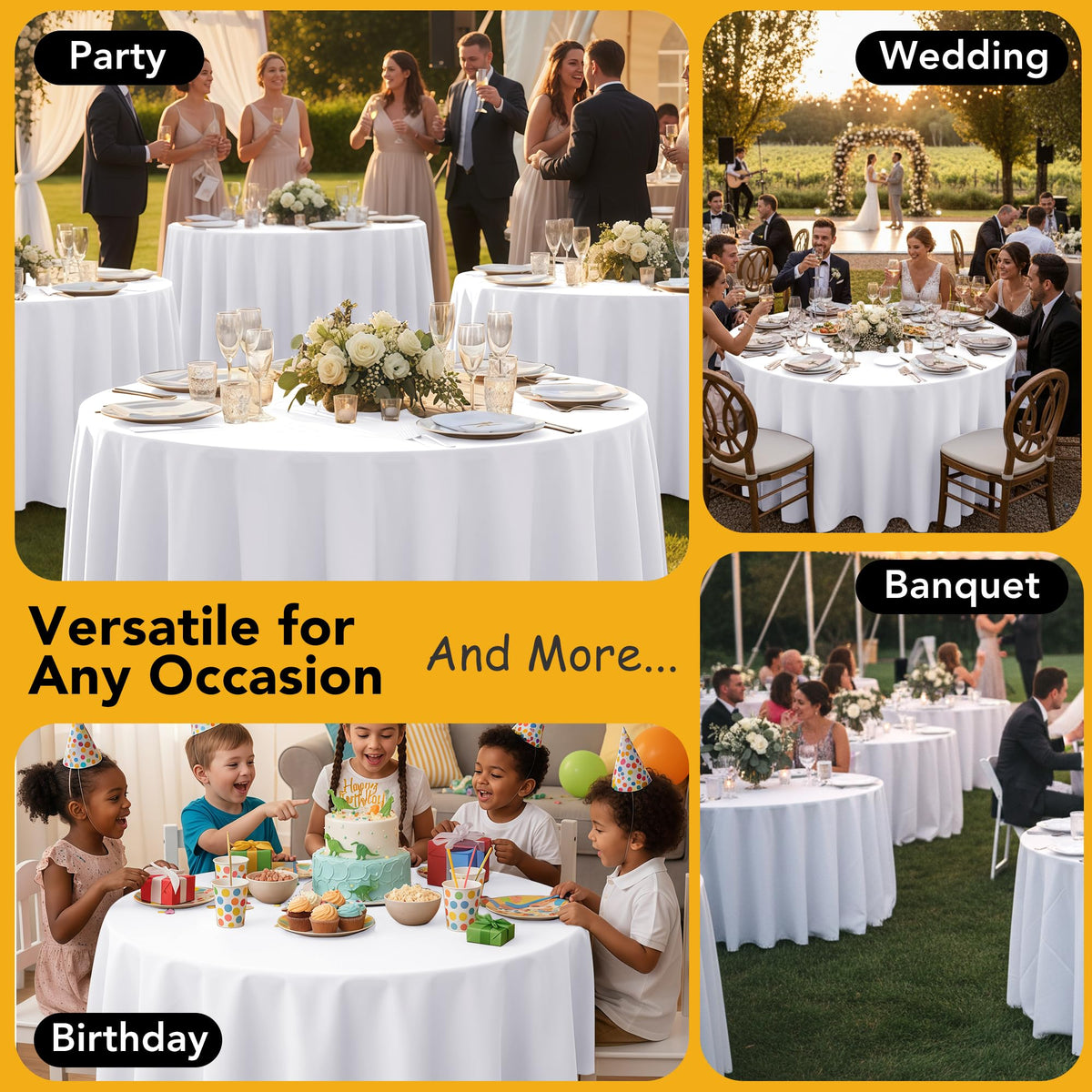 6-Pack White Round Tablecloths, 120 in, for 5-6 Ft Round Tables