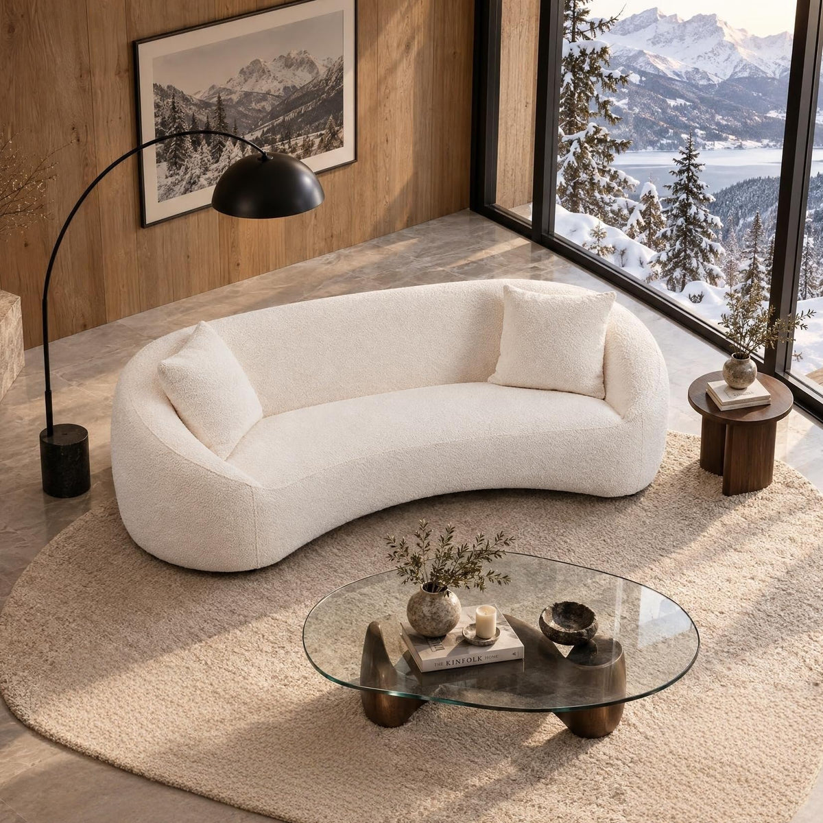Curved Sofa Couch, 93", Chenille, Modern, White Boucle