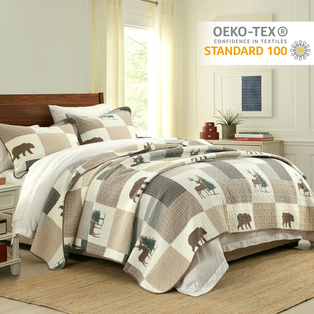 Quilts, 100% Cotton Quilt Set, Lodge Cabin Farmhouse Quilt, Brown Gray Beige Plaid Animal