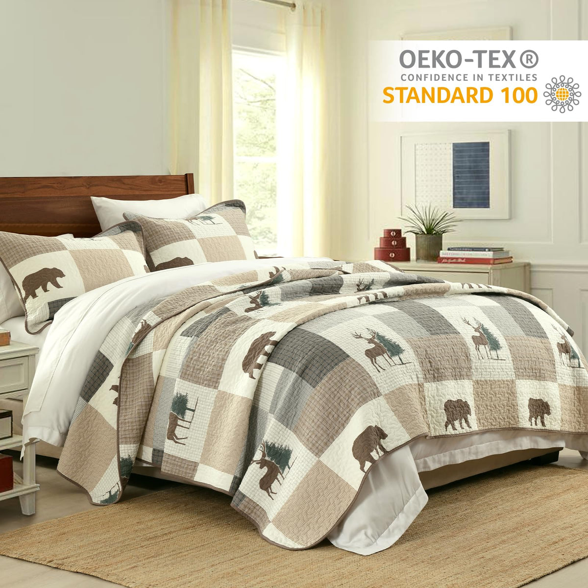 Quilts, 100% Cotton Quilt Set, Lodge Cabin Farmhouse Quilt, Brown Gray Beige Plaid Animal