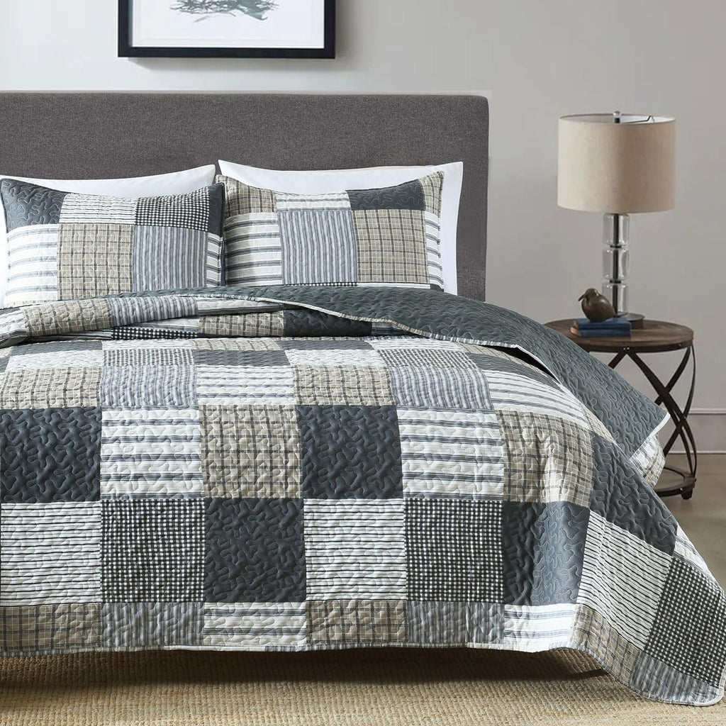 3-Piece Quilt Set, Lightweight Soft Quilt Gray Patchwork Farmhouse Bedspread Coverlet 90x90 inches