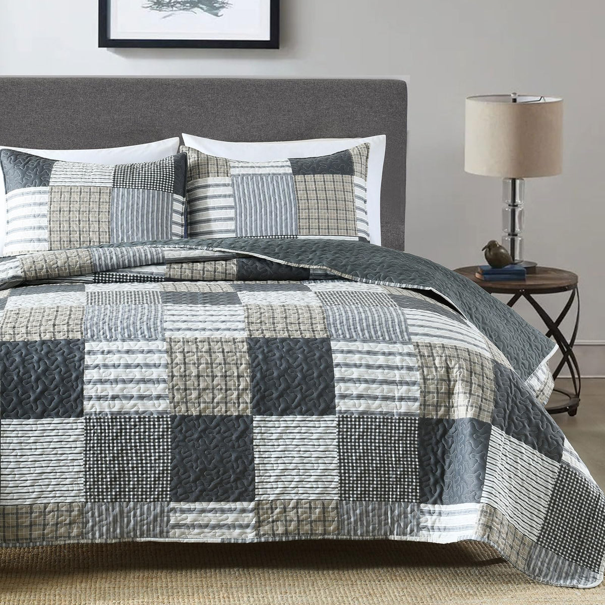 3-Piece Quilt Set, Lightweight Soft Quilt Gray Patchwork Farmhouse Bedspread Coverlet 90x90 inches
