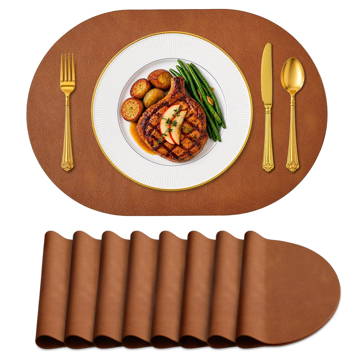 Heat Resistant Oval Placemats Set of 8 Non-Slip, Reddish Brown