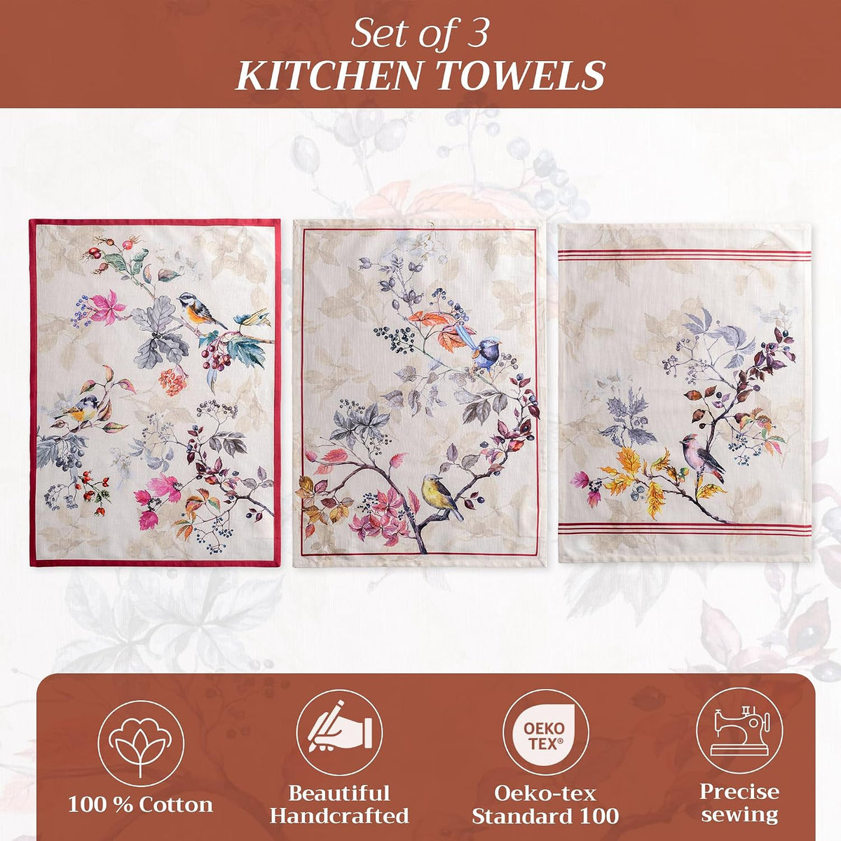 Kitchen Towels Set of 3 Reusable 100% Cotton 27.50" x 20" | Cloth Tea Dish Towels Absorbent with Hanging Loop Dining