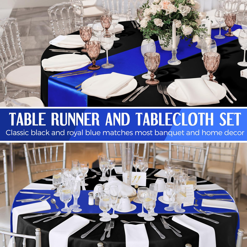 16 Pcs Black and Royal Blue Round Tablecloth and Satin Runner Set