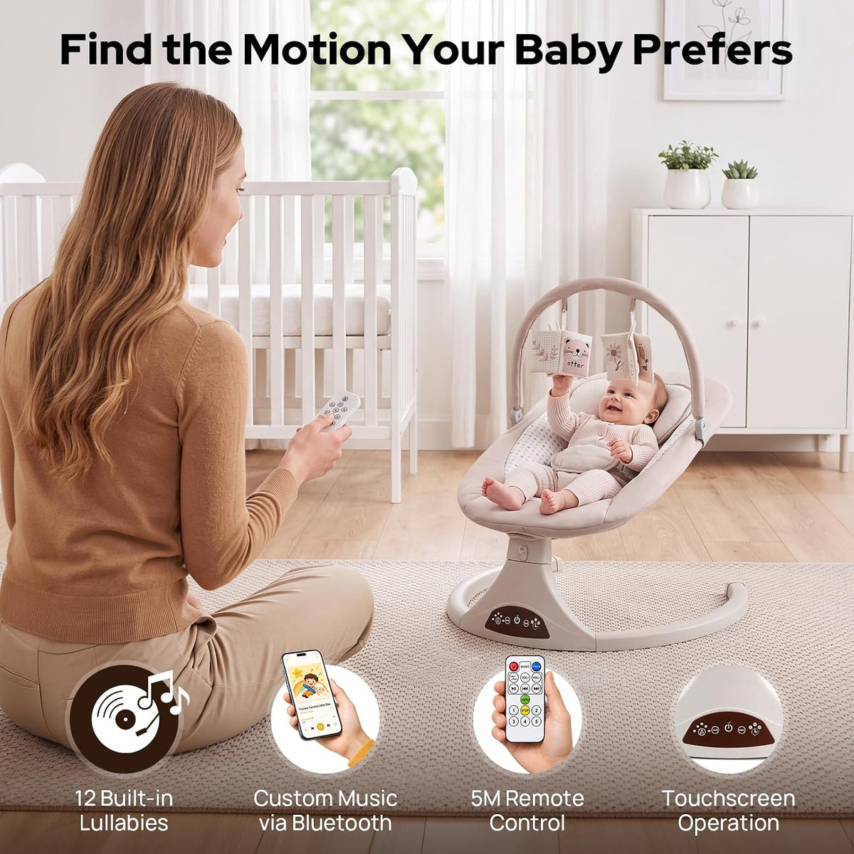 Swing - Electric Infant Swing with 5 Speeds, 12 Melodies, Timer & Portable Design for Newborns to Infants