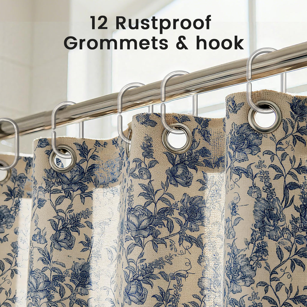 Farmhouse Blue Floral Shower Curtain with 12 Clear Rings 72"W x 84"L