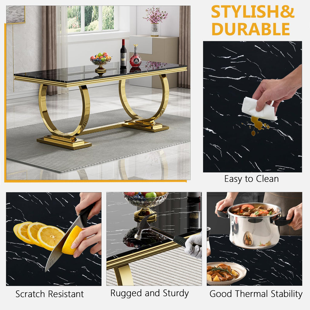 Inspired Saarinen Style 68" Black Marble Dining Table for 6 to 8 Person, Large Rectangular Faux Marble Tabletop & Gold O Shape Pedestal Base