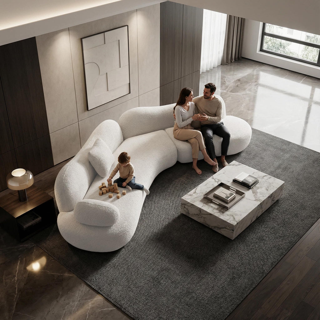Curved Sectional Sofa, 5 Seater, Solid Wood Frame, Boucle, Modern, White