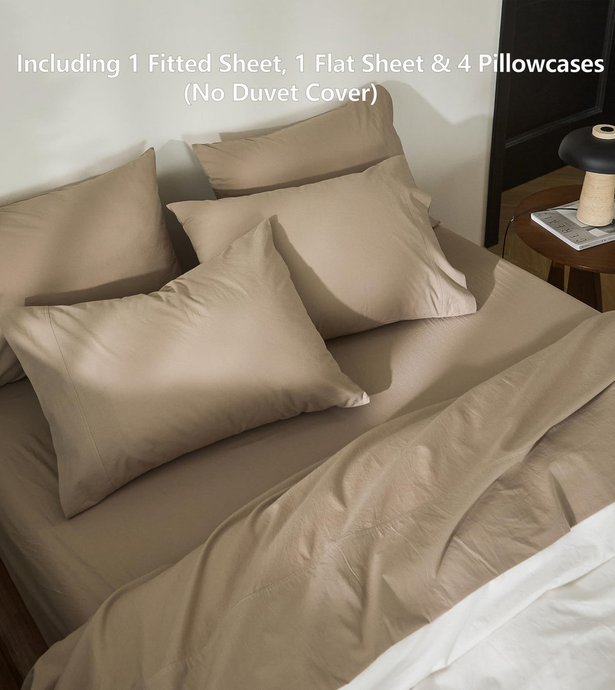 6Pcs Mocha Brown Solid Bedding Set 100% Washed Cotton