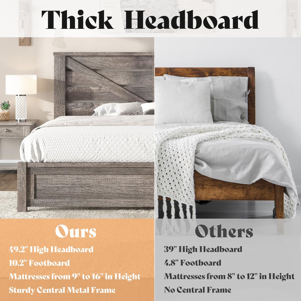 Farmhouse Bed Frame with 49.2"Barn Door Headboard, Gray