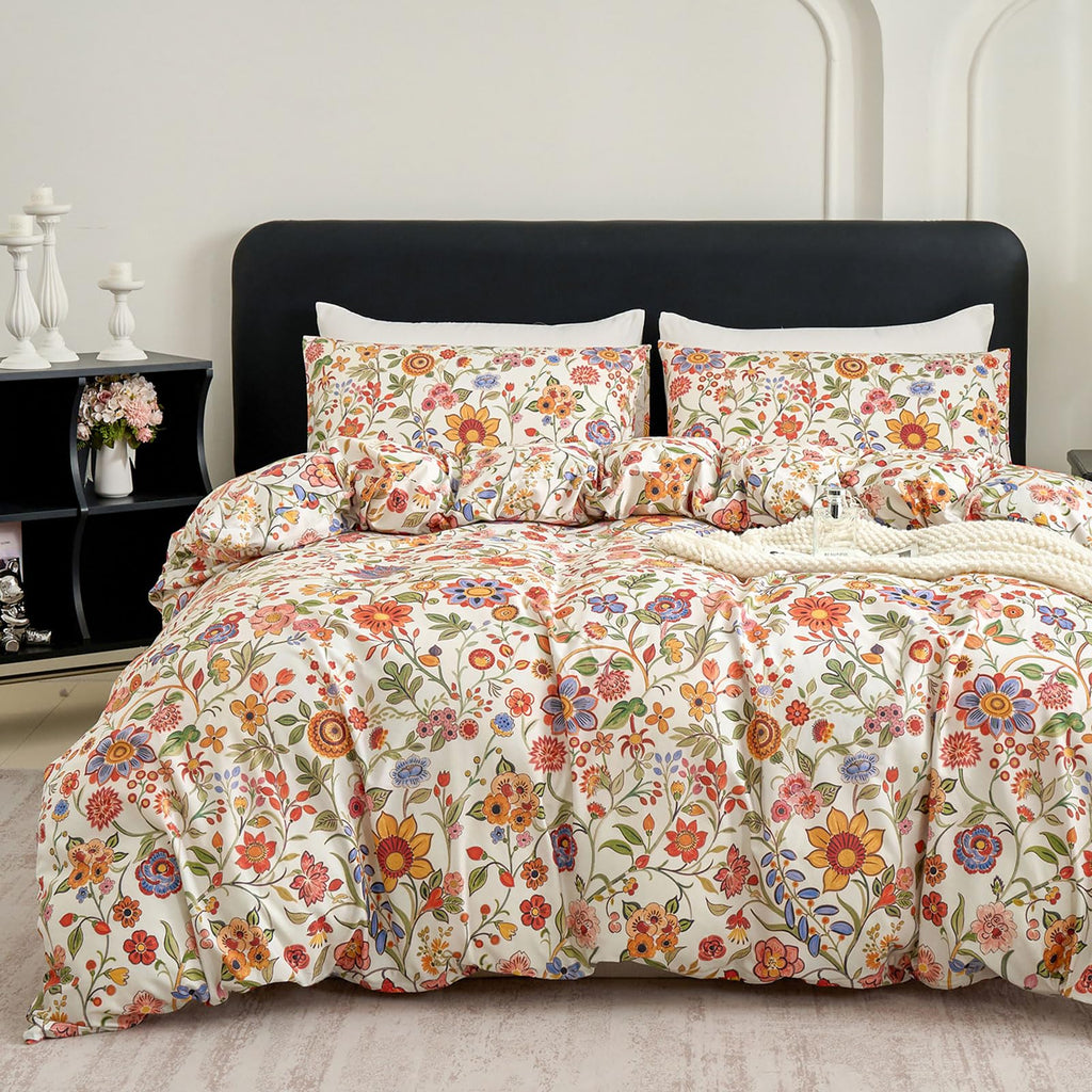 Floral Duvet Cover Set Queen Size 100% Percale Cotton Boho Comforter Cover with Zipper, Soft Breathable, 3Pcs-Not