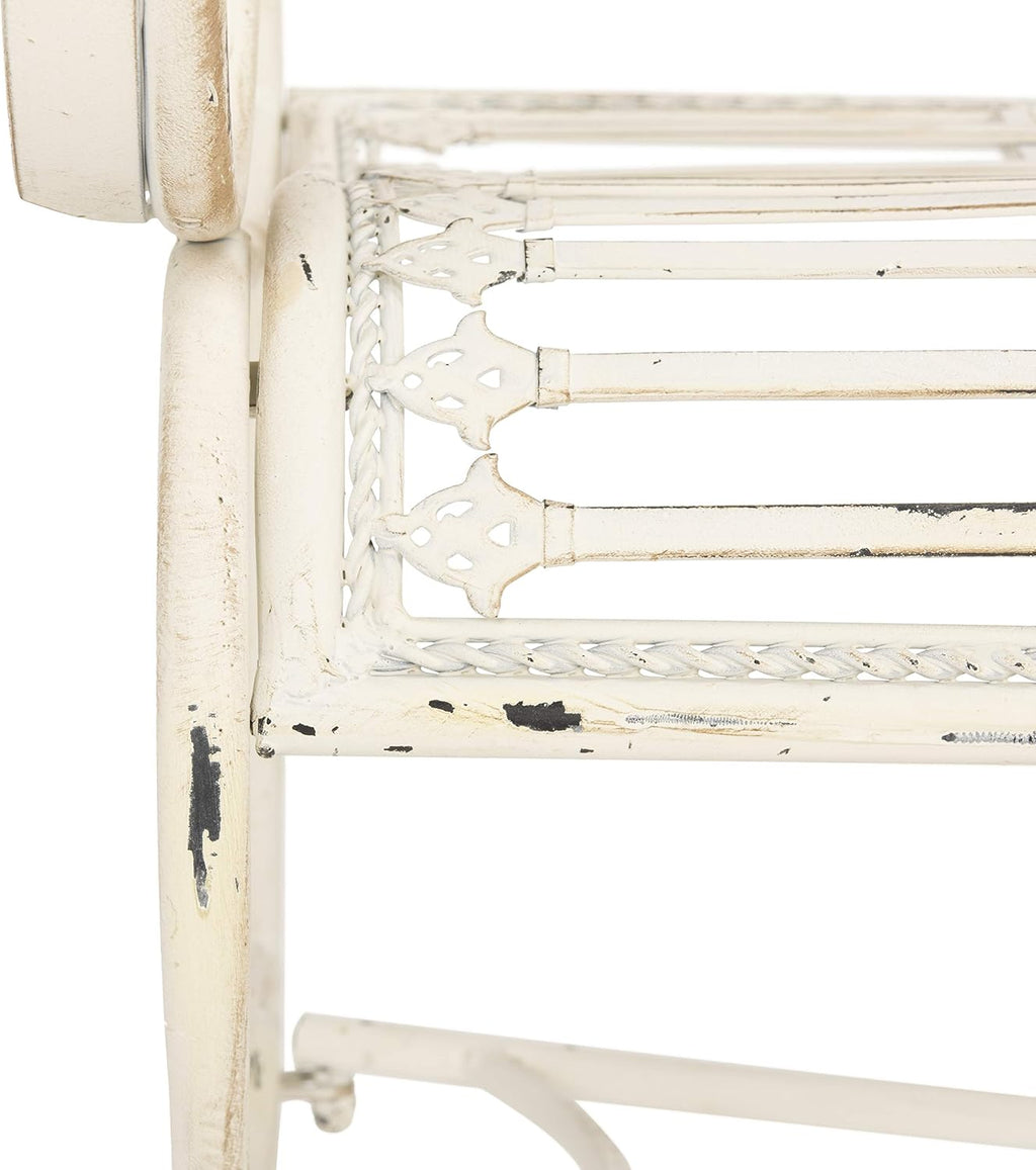 Outdoor - Abner Outdoor Iron Garden Bench - Antique White - Scrollwork Design - Ideal , Deck, Porch, Garden, 17" Seat