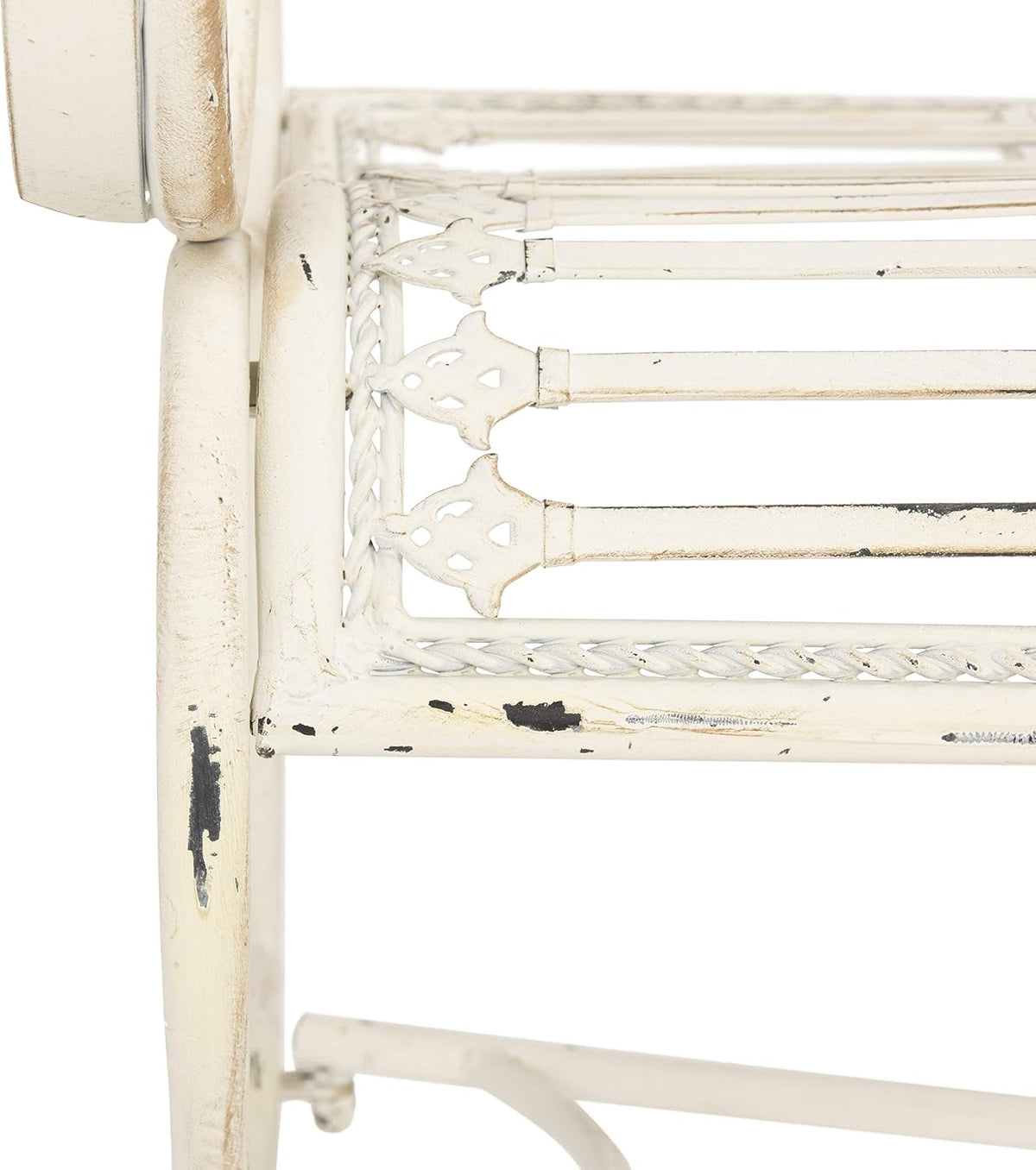 Outdoor - Abner Outdoor Iron Garden Bench - Antique White - Scrollwork Design - Ideal , Deck, Porch, Garden, 17" Seat