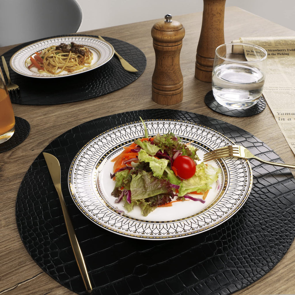 Round Leather Placemats for Round Tables Set of 6, Black Table Place Mats and Coasters, Washable Easy to Care for