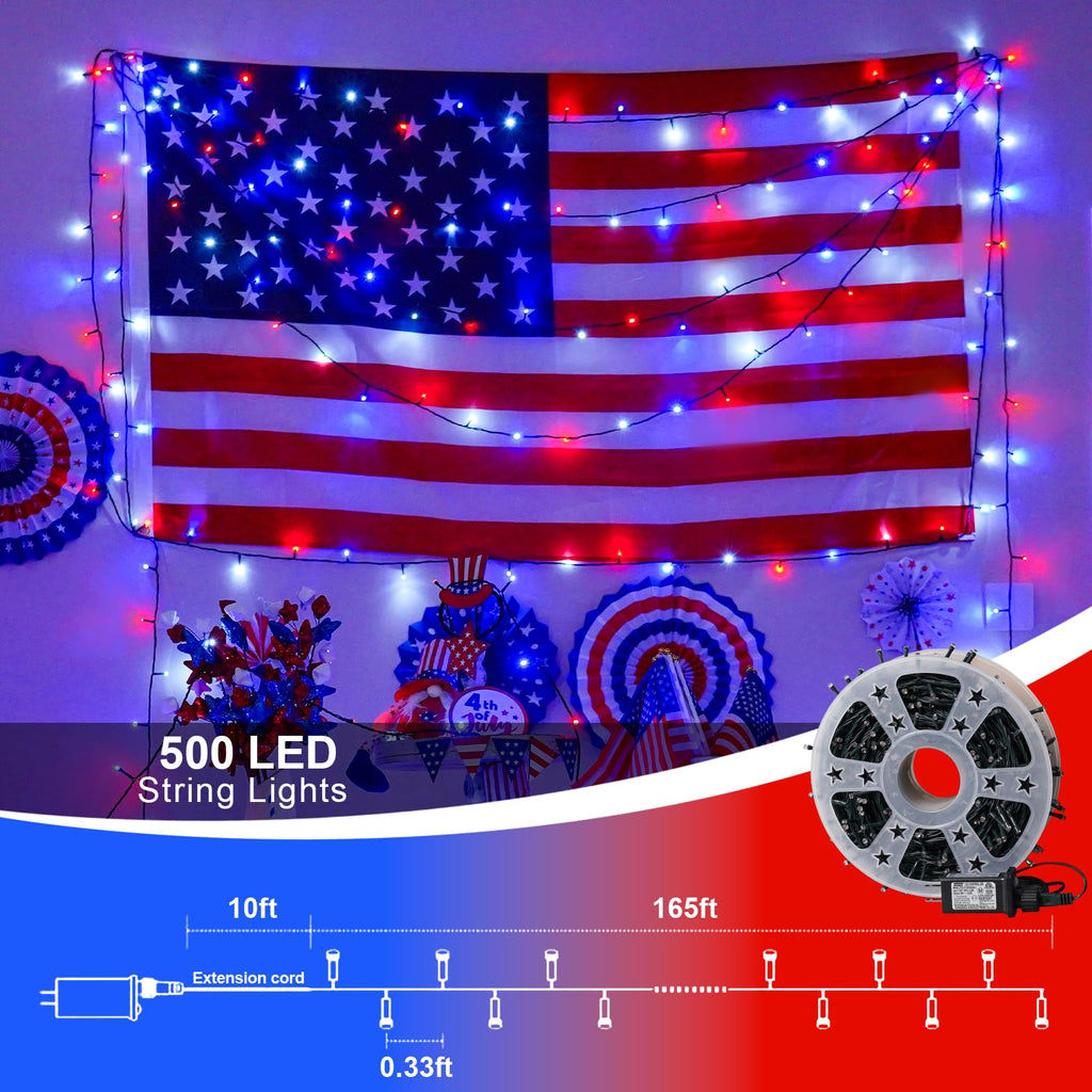 500 LED Red White and Blue String Lights, 165ft 4th of July Decorations Lights Plug in Outdoor Indoor, 8 Modes