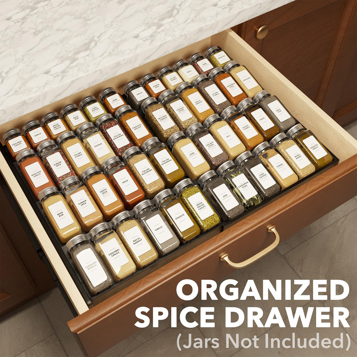 Bamboo Black Spice Drawer Organizer, (Need 3" Deep Drawer) Expandable 4 Tier Spices Rack for Cabinet, Kitchen