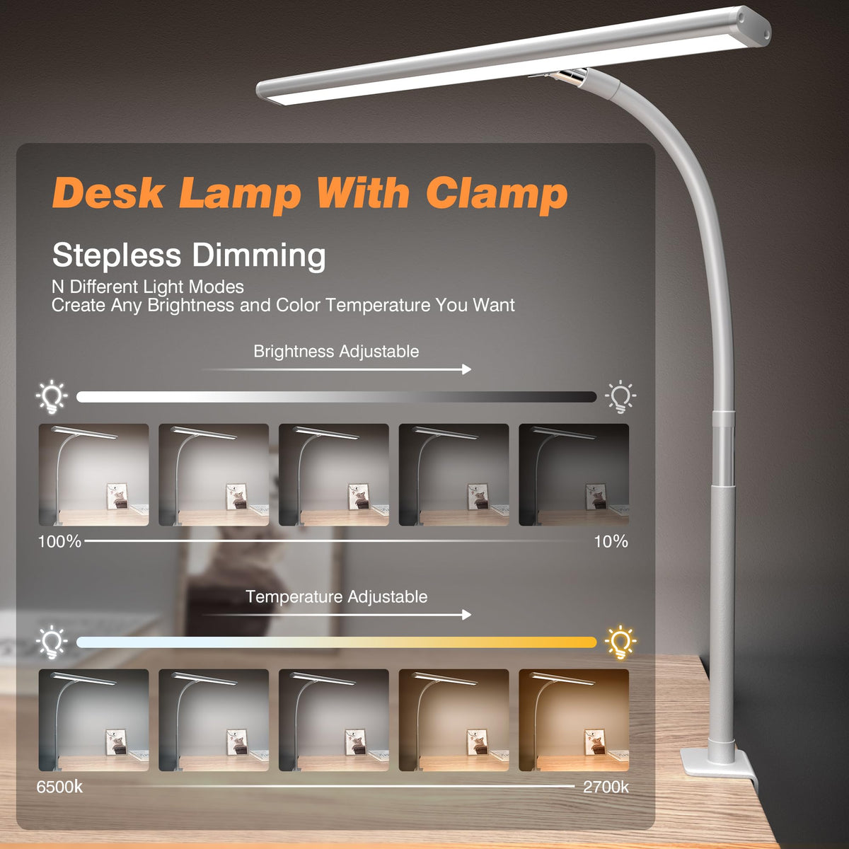 LED Desk Lamp with Clamp, 17" Stepless Dimming Light, White