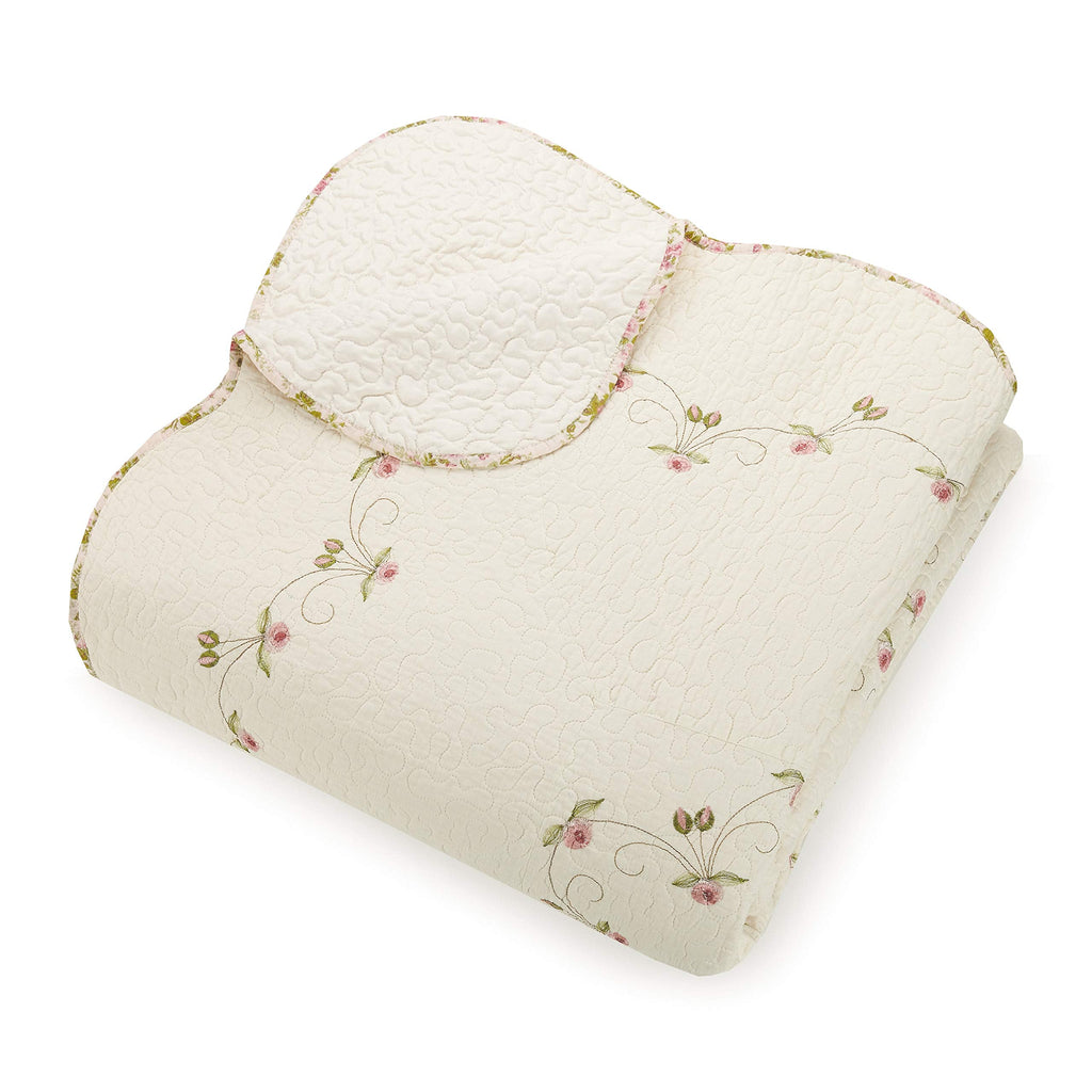 Felisa Embroidered Floral Quilt Set - 3 Piece Cotton Vintage Pink Ivory Scalloped Coverlet with 2