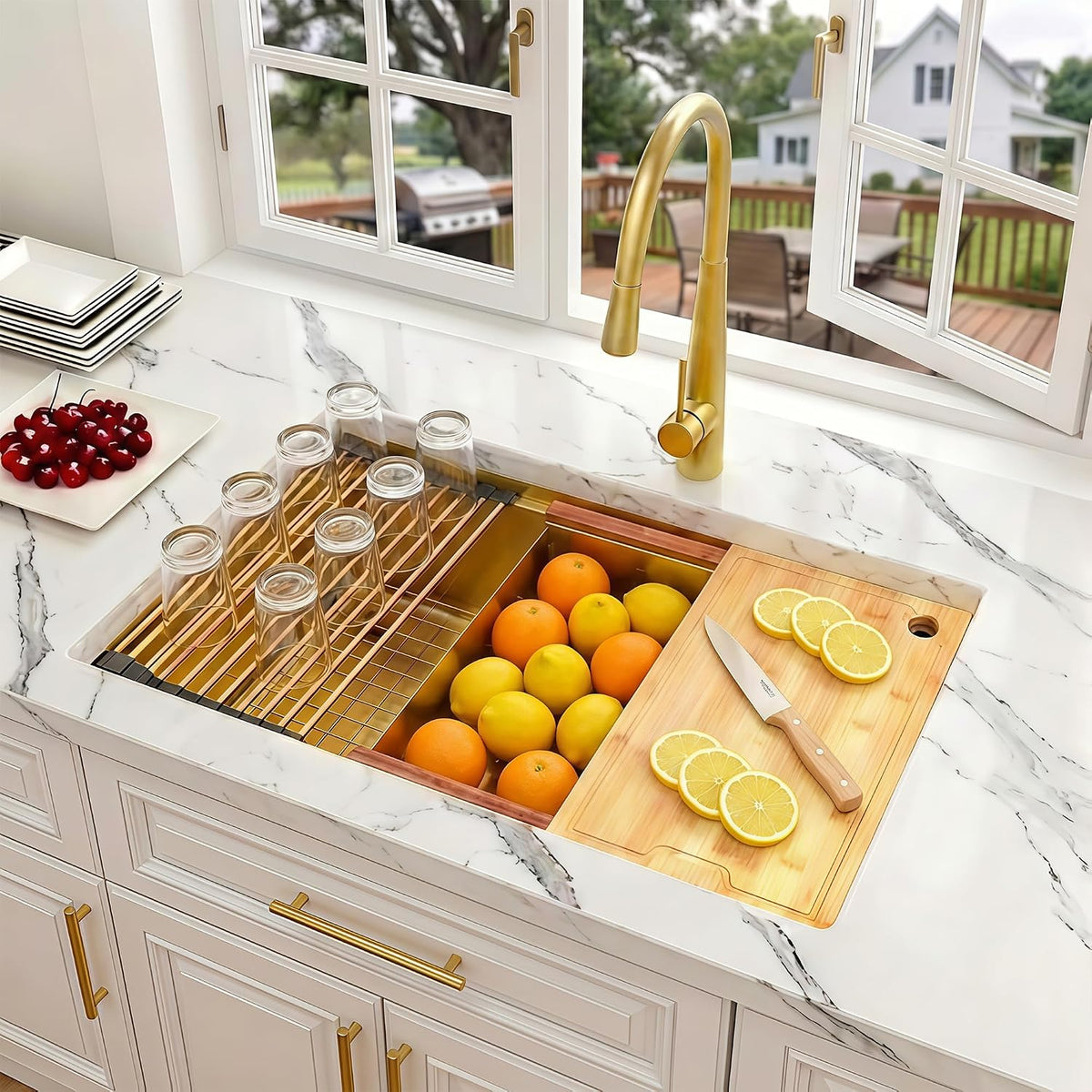 32 Inch Workstation Gold Kitchen Sink, 16 Gauge Undermount Sink