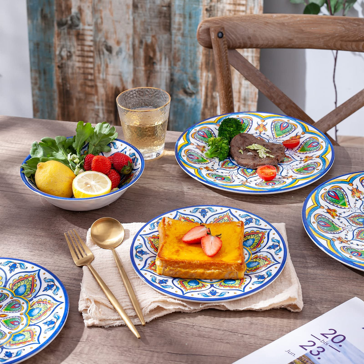 Melamine Dinnerware Set, 12 Pcs Dinner Plates Bowls Sets for Indoor and Outdoor Use, Durable Unbreakable Dishes Sets