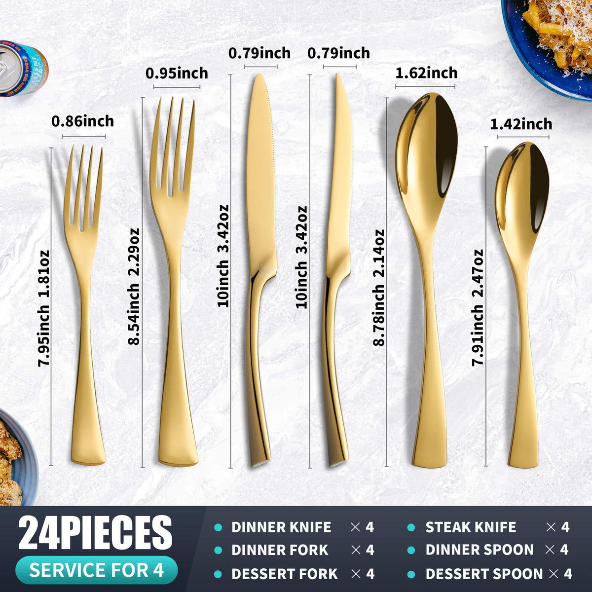 24 Pieces Gold Silverware Set with Steak Knives Service for 4,Modern 18/10 Stainless Steel Flatware Cutlery