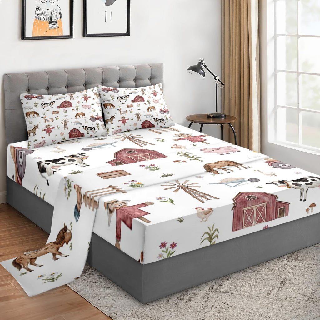 Bed Sheet Set, 4 Pieces Farmhouse Farm Bedding with Flat