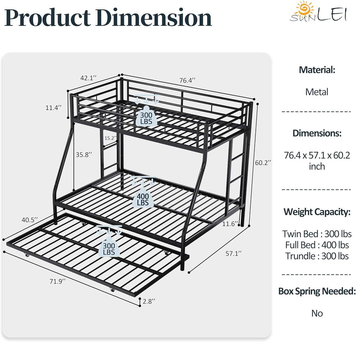 Metal Bunk Beds with Double Secured Ladders, Twin Over Full Bunk Bed with Surrounded Safety Guardrails
